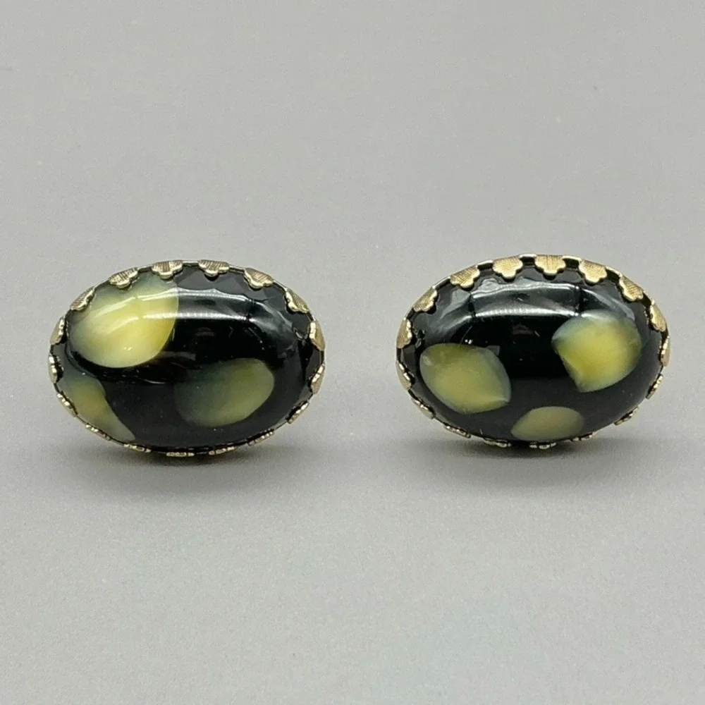 Vintage Oval Cufflinks Black Green Art Glass Cabochon Gold Tone Men's Jewelry
